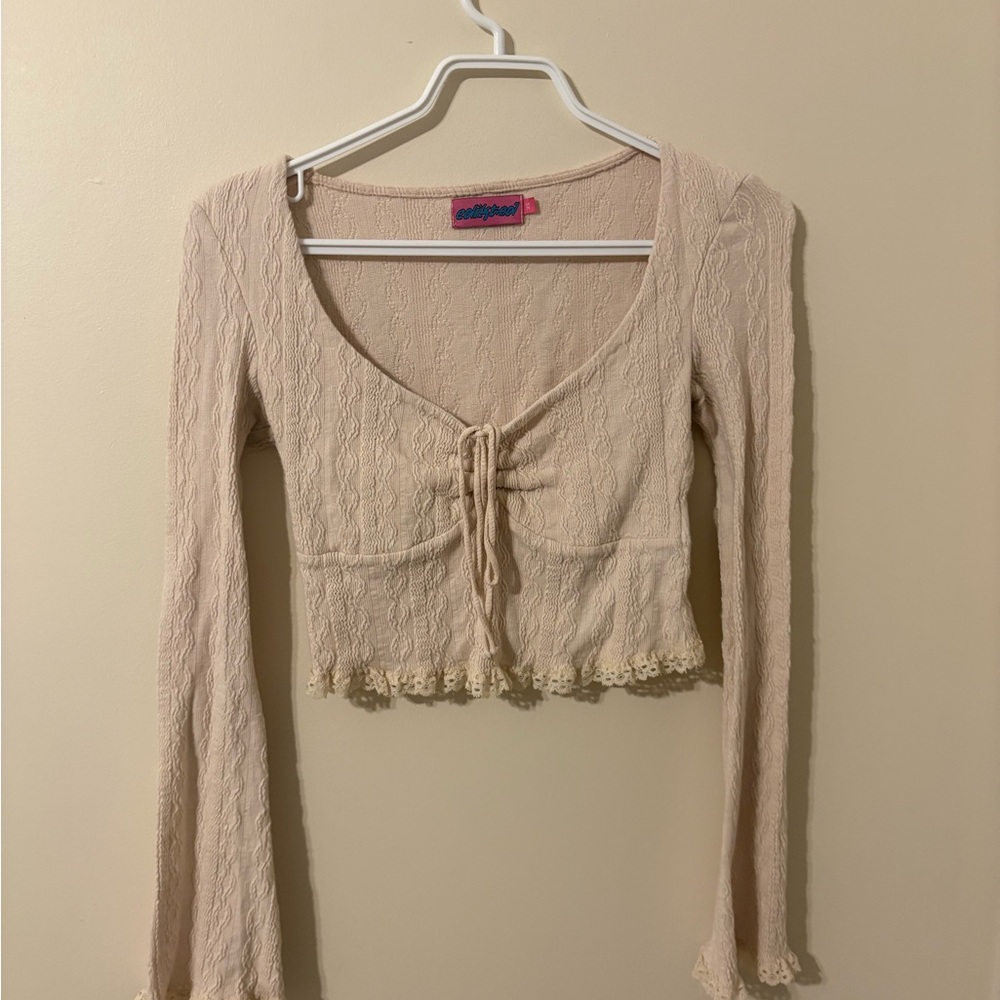 Edikted Beige Lace-Trim Cropped Tie-Front Top
